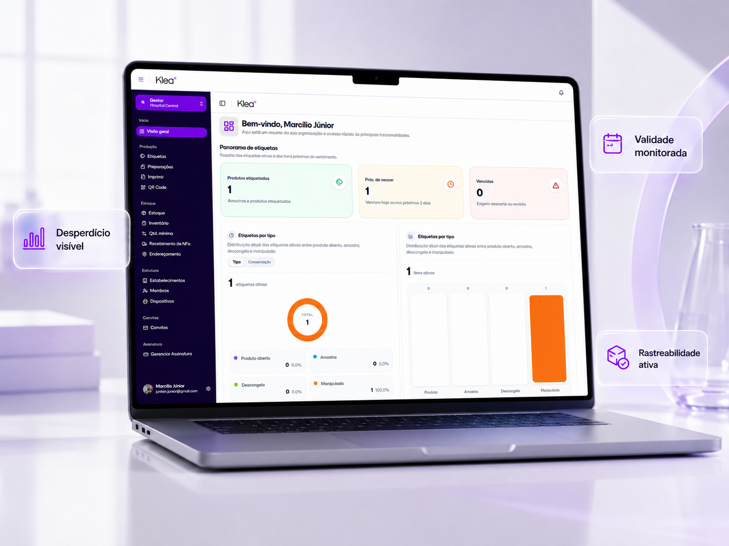 Notebook exibindo o dashboard da Klea com desperdício visível, validade monitorada e rastreabilidade ativa