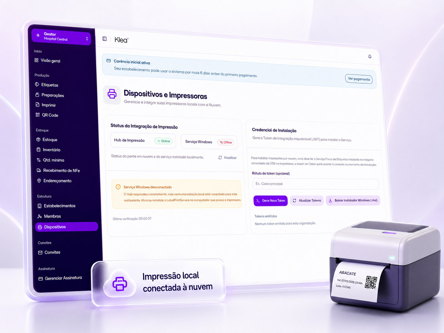 Tela de dispositivos e impressoras da Klea com impressão local conectada à nuvem
